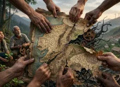Varias manos trabajan unidas para restaurar un mapa fragmentado, simbolizando la reconstrucción del tejido social y la resistencia ética frente a las fuerzas que buscan convertir el territorio en un objeto de explotación.