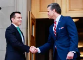 El presidente Daniel Noboa es recibido por Pete Hegseth, secretario de Guerra de los Estados Unidos.