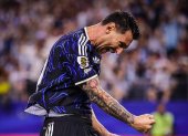El astro argentino Lionel Messi celebra su sexto gol en la actual Copa del Mundo.