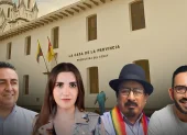 Referencial.Imagen de los precandidatos a la Prefectura del Azuay, frente a la sede institucional, rumbo a las elecciones seccionales de 2026.