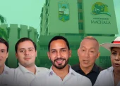 Imagen de los precandidatos a la Alcaldía de Machala, frente a la sede municipal, en el inicio de la contienda rumbo a las elecciones seccionales de 2026.
