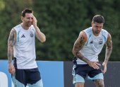 Rodrigo De Paul y Lionel Messi entrenando en Lauderdale, Florida.