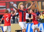 Erling Haaland celebra un gol por los octavos de final del Mundial de la FIFA 2026 entre Brasil y Noruega en el estadio MetLife en Nueva Jersey (Estados Unidos). EFE/ Angel Colmenares