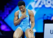 Génesis Reasco durante su participación en el Mundial de Lucha 2025, en Zagreb, Croacia.