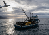 Un avión de patrulla sobrevuela un barco pesquero, en una recreación conceptual del caso Fiorella y las interrogantes sobre su desaparición.