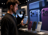 Una persona sostiene uno de los nuevos modelos de iPhone mientras observa otros dispositivos exhibidos en una tienda de tecnología.