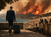 Una escena simbólica representa los incendios en España, la crisis migratoria y el debate sobre la gestión y el desgaste del Gobierno de Pedro Sánchez.