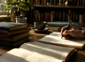 Una mano escribe junto a libros abiertos, una imagen que evoca el valor del pensamiento, la reflexión y las enseñanzas que trascienden la mera transmisión de información.
