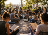 Personas leen sus propios libros en un espacio compartido, una tendencia que transforma la lectura individual en una experiencia colectiva.