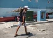 Un hombre carga un cocodrilo en Guayaquil.