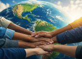 Manos unidas frente al continente americano simbolizan la cooperación, la solidaridad y la integración entre los pueblos de América.