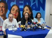 Gabriela Rivadeneira, presidenta de Revolución Ciudadana, durante el anuncio de las candidaturas para Guayas para las elecciones seccionales de 2026.