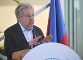 Fotografía de archivo del 16 de junio de 2026 del secretario general de las Naciones Unidas, António Guterres, hablando en Puerto Príncipe (Haití).
