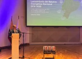 El ministro de Ambiente y Energía, Juan Carlos Blum, en la presentación del Balance Energético Nacional 2025, en Quito, este 23 de septiembre de 2026.