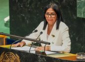 La presidenta encargada de Venezuela, Delcy Rodríguez, habla durante la 81ª Asamblea General de Naciones Unidas este miércoles, en Nueva York (Estados Unidos).