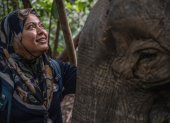 Farina Othman, conservacionista de elefantes de Borneo y fundadora de Seratu Aatai, susurrándole a una elefanta de Borneo tras una operación de colocación de collar GPS.