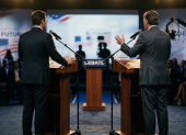 Imagen, generada con IA, para graficar un debate entre candidatos, para las elecciones seccionales.
