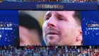 Una pantalla del estadio de Nueva Jersey muestra a Lionel Messi llorando tras perder la final del Mundial 2026 ante España.