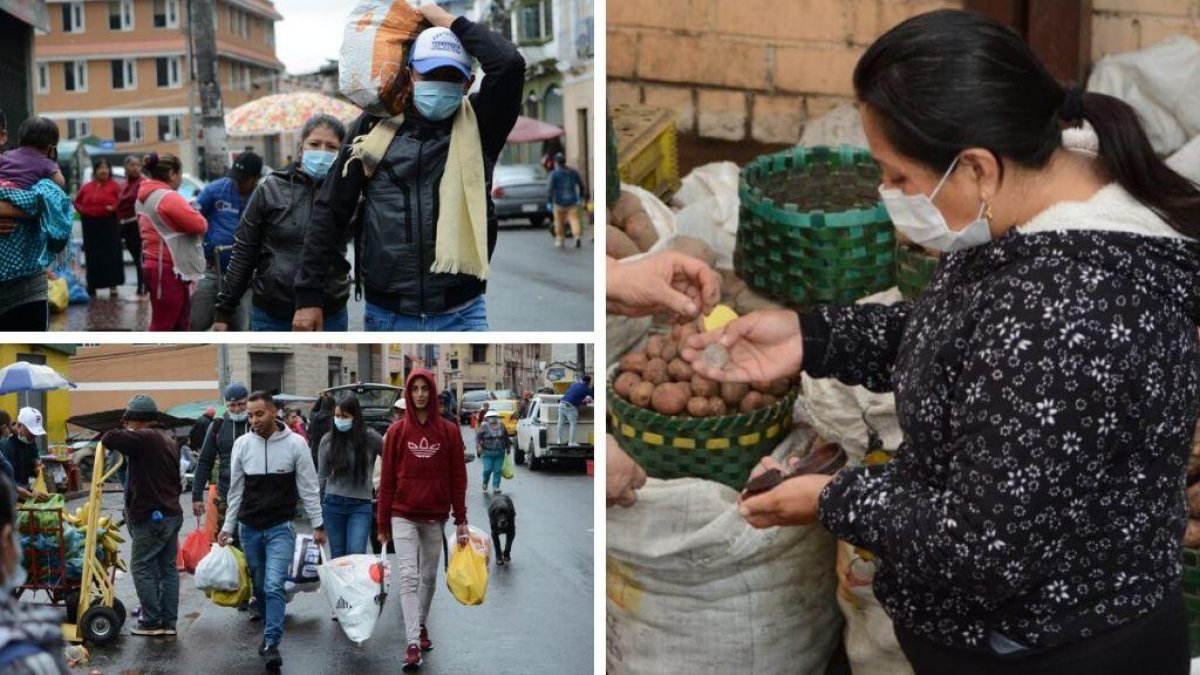Personas con mascarillas y comprando productos de primera necesidad en mercados, parte de las imágenes captadas en las calles de Quito.