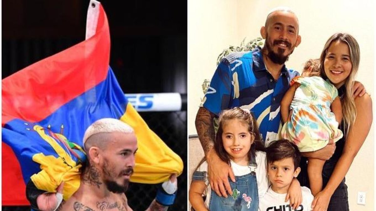 A la izquierda el peleador durante la cartelera UFC 252 y a la derecha luego del combate celebrando con su esposa y tres hijos.