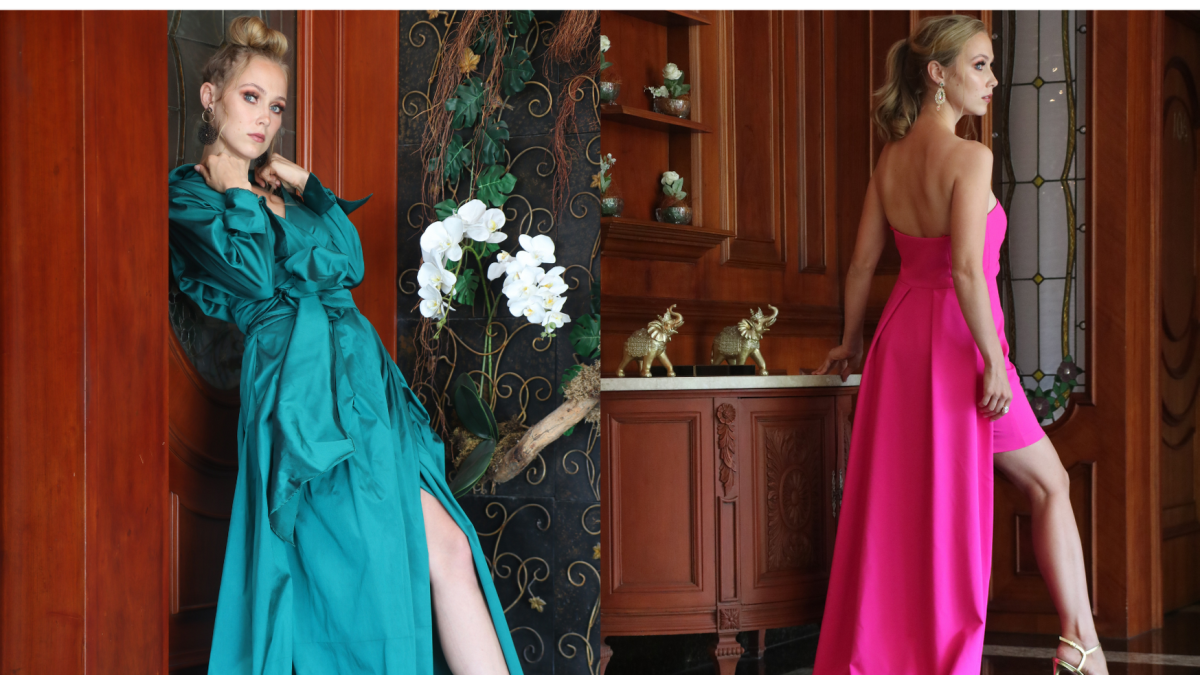 El turquesa y rosado son unos de los colores tendencias en vestidos de noche.