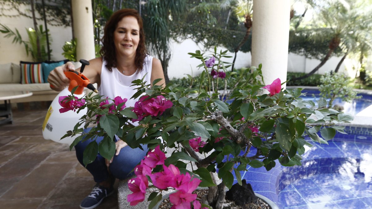 Patricia March de 50 años de edad, riega sus plantas en el jardín de su casa.