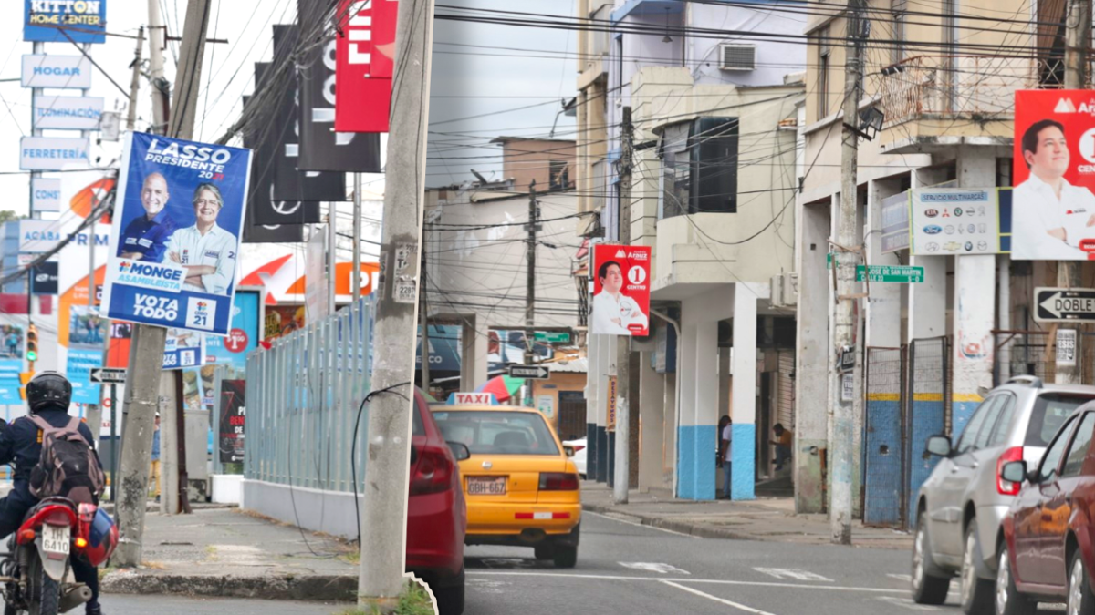 .Las calles del país están llenas de propaganda de los presidenciables Guillermo Lasso y Andrés Arauz.