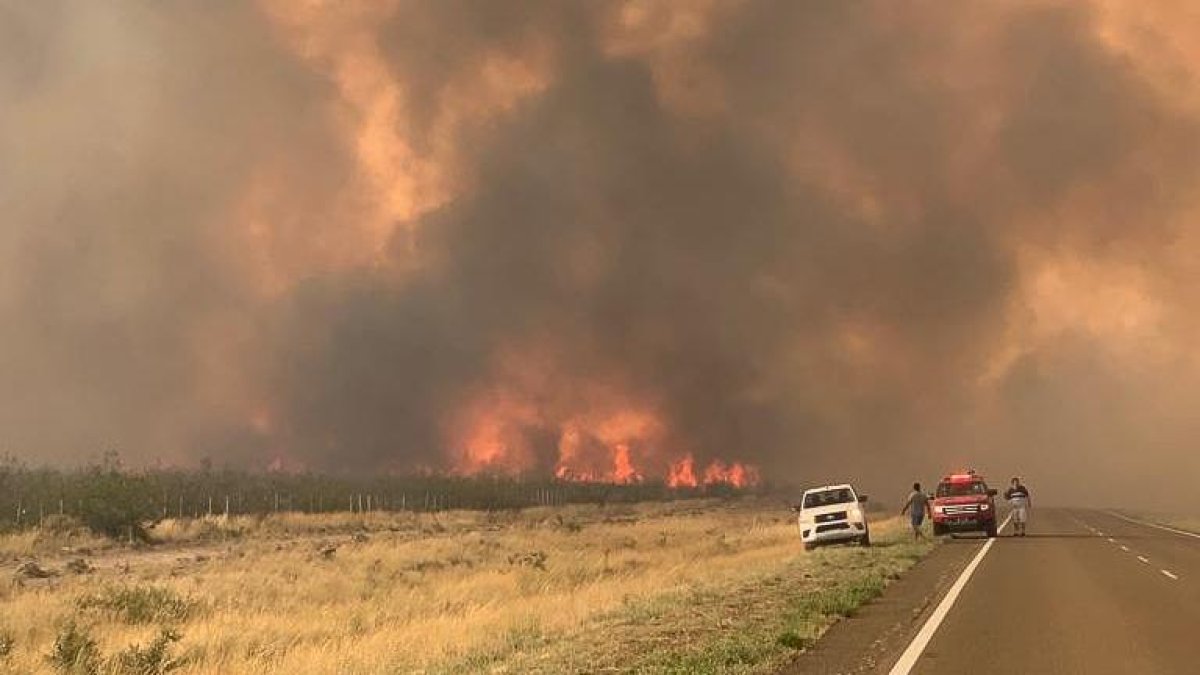Fotografía cedida por el Gobierno de la provincia de Chubut que muestra a bomberos mientras trabajan en la extinción de un incendio forestal que se desarrolla desde hace varios días en esa provincia 