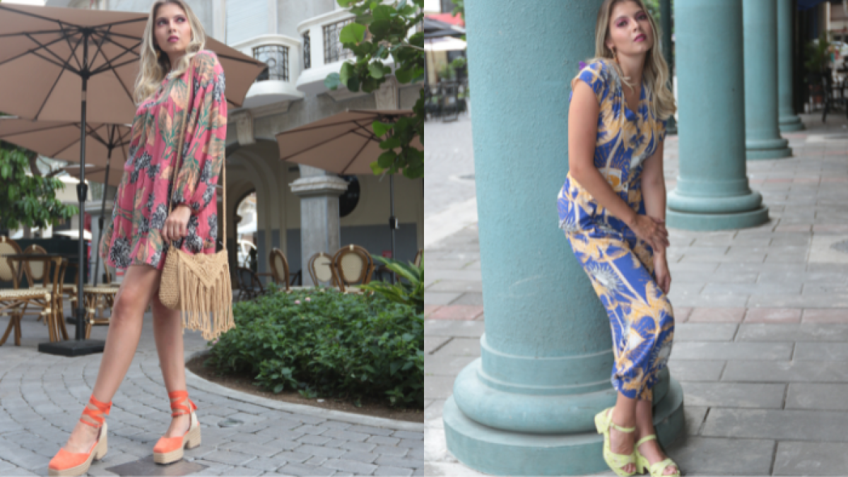 Para una salida bajo el sol, mini vestido con mangas XL, y prints selváticos. Los jumpers oversize son versátiles para lucir de día o cuando cae el sol.