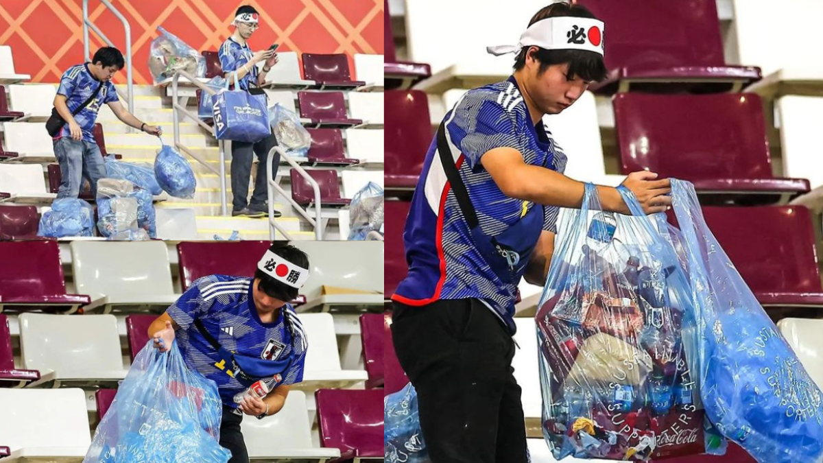 Hinchas japoneses limpiando el estadio después del partido.