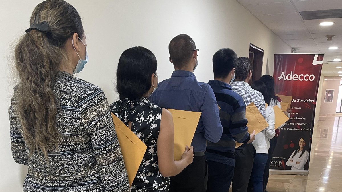 Trabajo.- Un grupo de personas hacen fila para ser entrevistadas para un empleo.