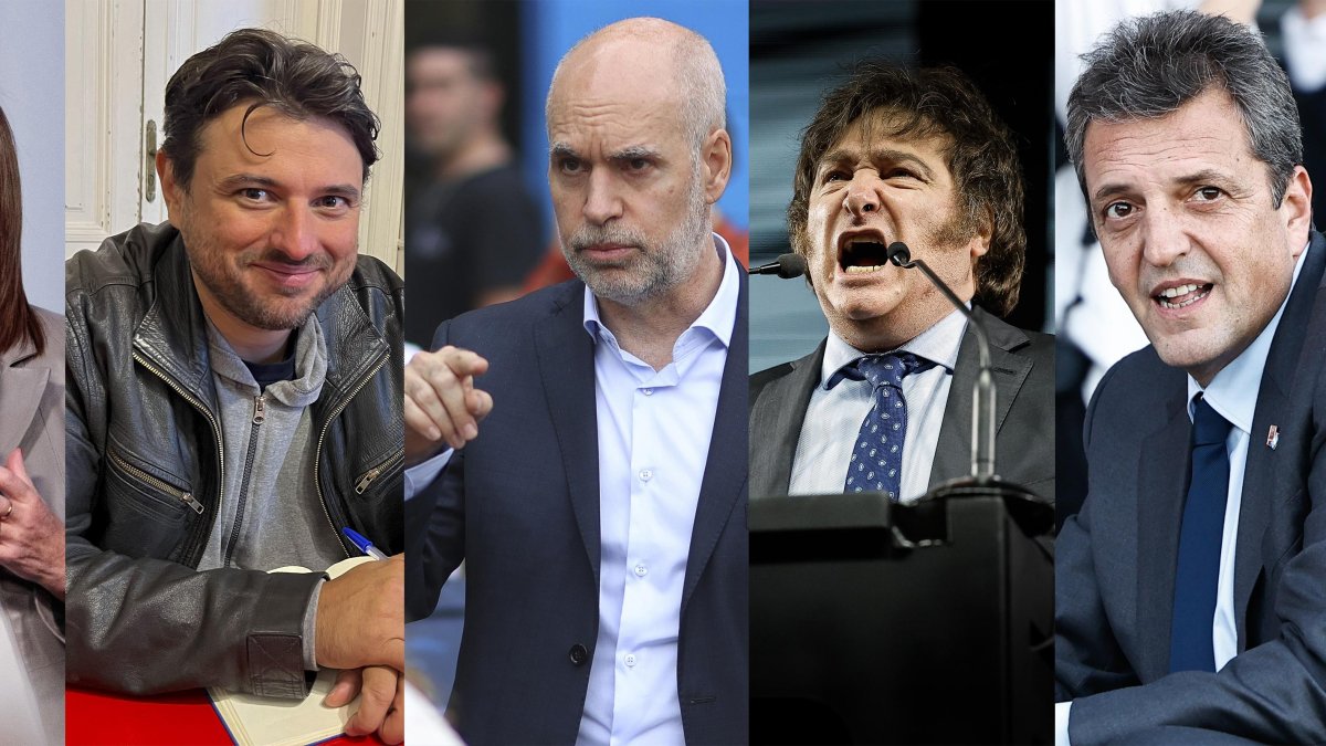 Combo de fotografías de archivo que muestra a los aspirantes a la Presidencia de Argentina, desde la izquierda, Patricia Bullrich, Juan Grabois, Horacio Rodríguez Larreta, Javier Milei y Sergio Massa.