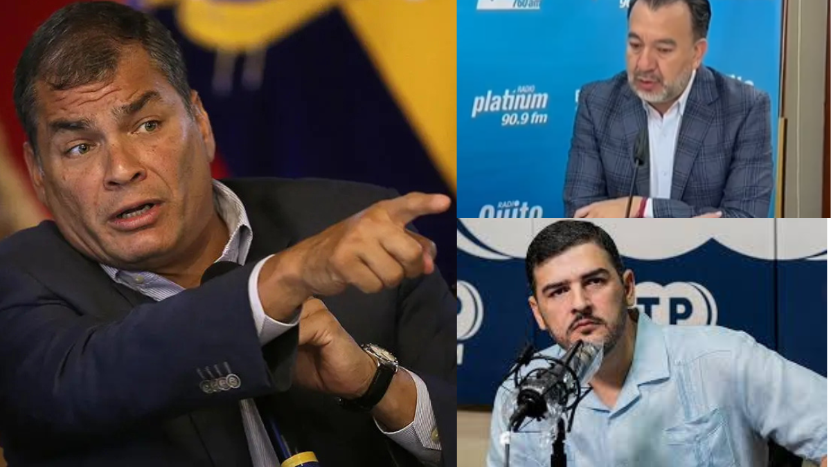 El expresidente Rafael Correa y los alcaldes Pabel Muñoz y Aquiles Álvarez.