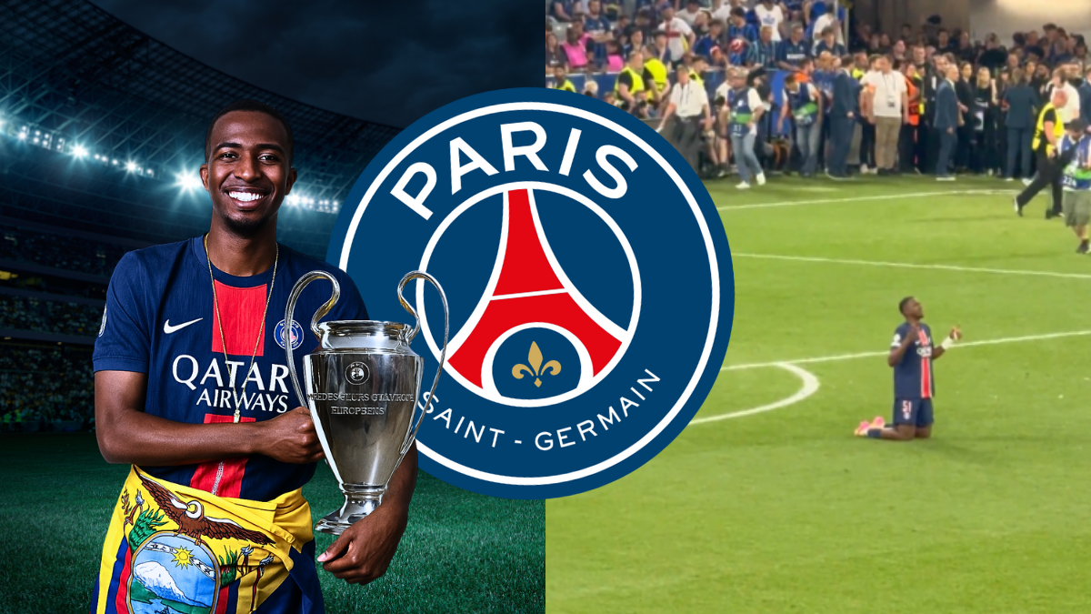 Willian Pacho celebra su triunfo en la Champions League.