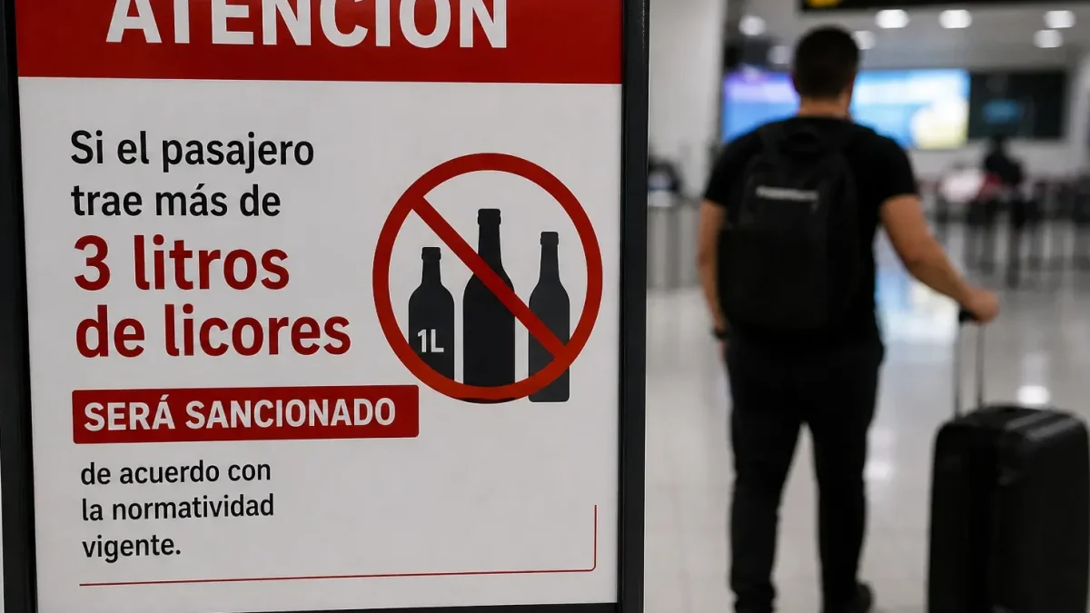 Una foto creada por IA sobre el límite de licores que puede traer un viajero que ingrese a Ecuador.