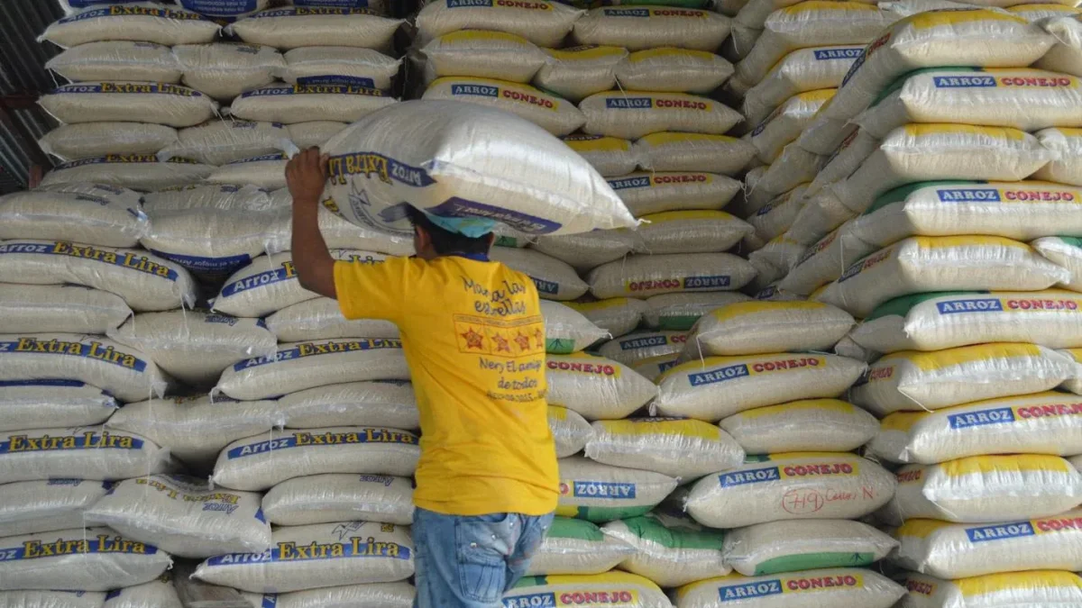 Una persona carga un saco de arroz en una bodega.