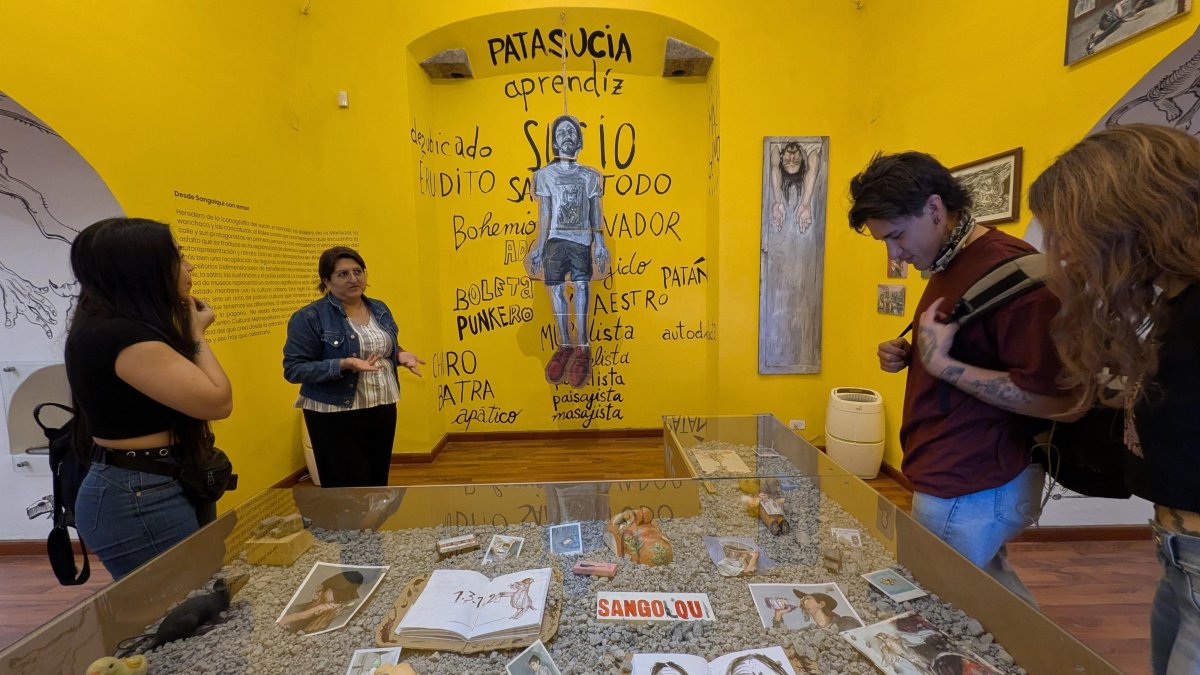 La muestra, ubicada en el patio La Picota del CCM, está dividida en cuatro etapas: Gráfica necia, Escenas batracias, Momentos chéveres y Desde Sangolquí con amor.