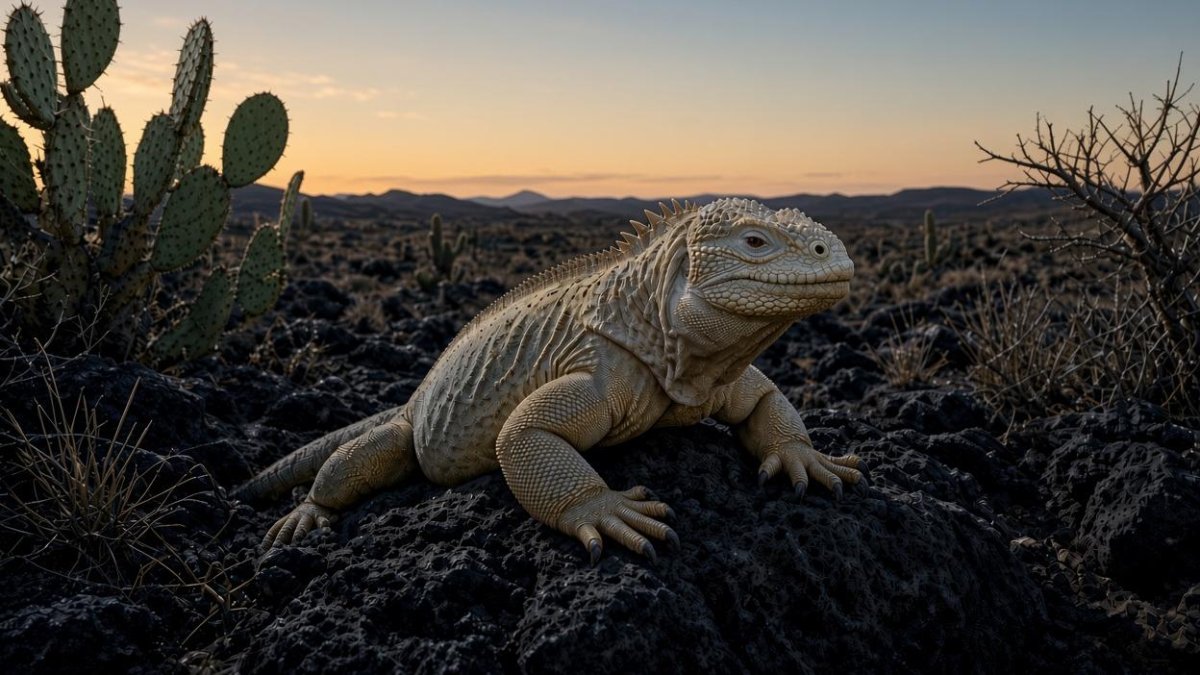 Ilustración referencial de la iguana terrestre adulta (Conolophus pallidus).