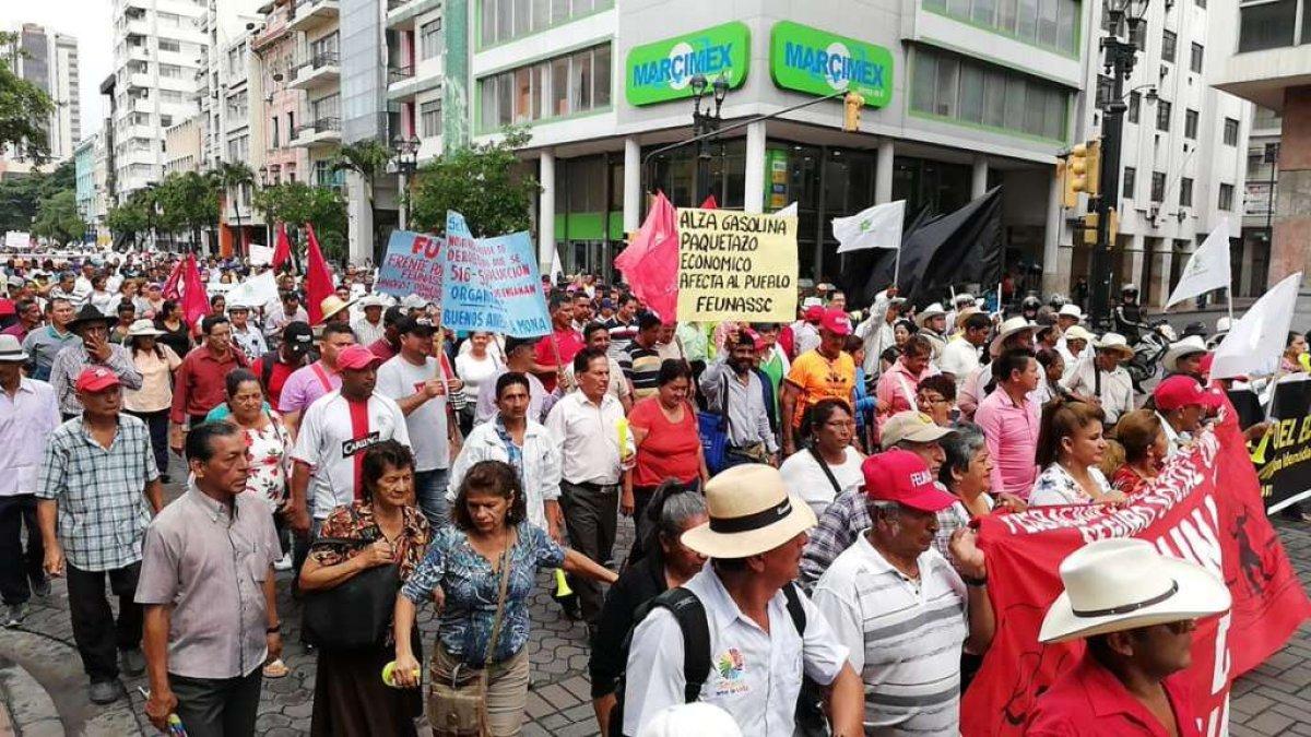 A la Caja del Seguro, en el centro de Guayaquil, llegaron manifestantes para exponer su rechazo a las reformas tributarias del Gobierno.