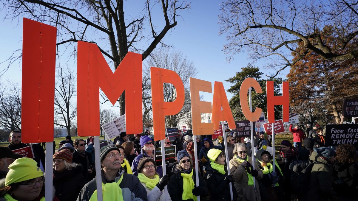 WASHINGTON. Los estadounidenses se pronuncian en los alrededores del Capitolia acerca del posible juicio a su presidente.