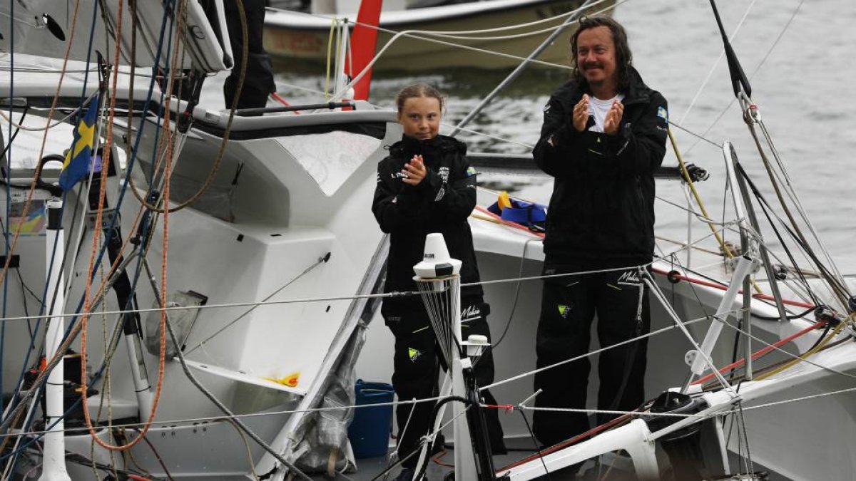 Greta Thunberg y su padre, Svante Thunberg, a finales de agosto a su llegada a Nueva York.