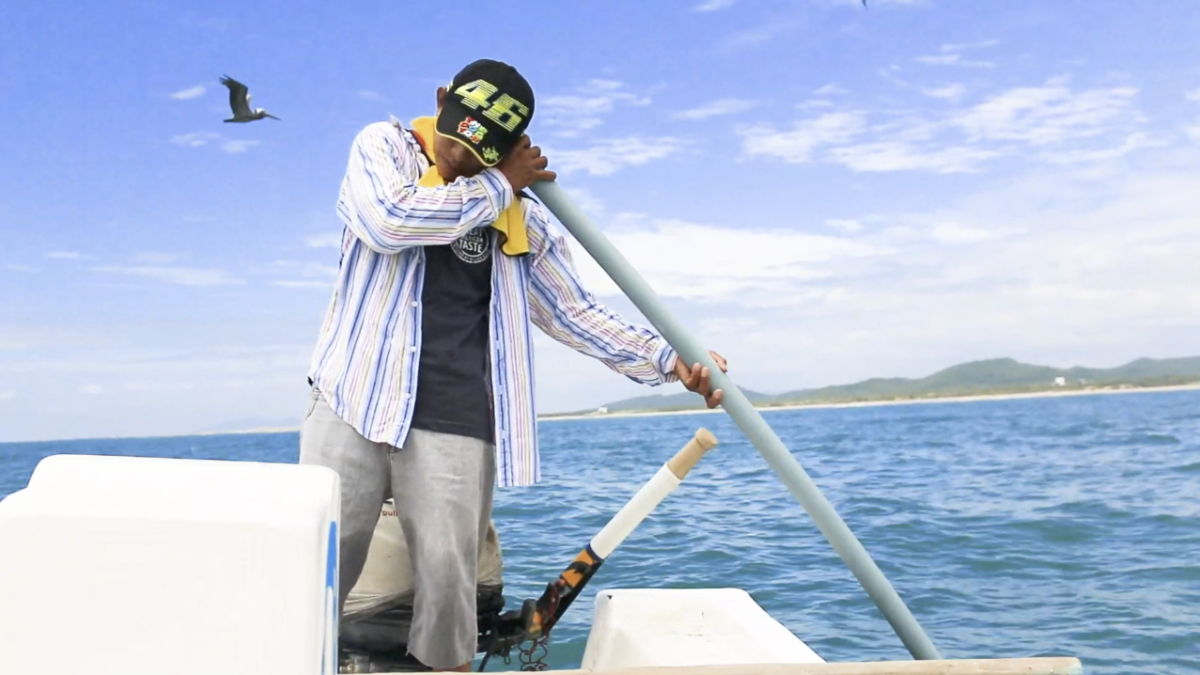 Práctica. En su labor diaria, el pescador escucha el sonido de los peces a través de un tubo plástico.