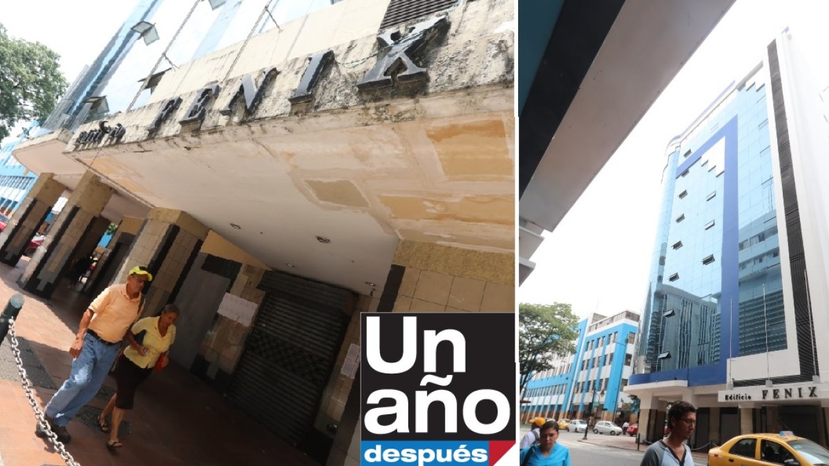 ANTES Y DESPUÉS. A la izquierda, el edificio Fénix del centro de Guayaquil en 2019 aún deteriorado tras el terremoto del 2016. A la derecha, el mismo edificio ya rehabilitado en 2020.