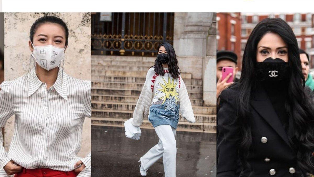 Invitadas a los desfiles complementan sus looks con mascarillas para protegerse del virus.