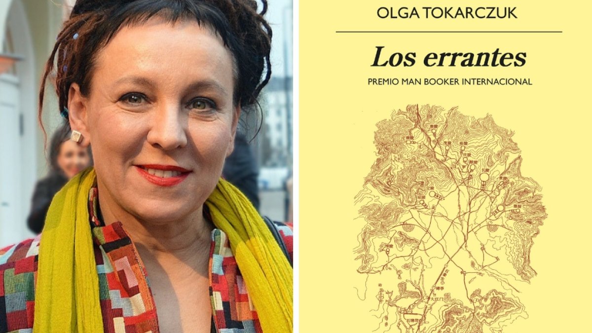 Olga Tokarczuk y la portada de la versión en español de su libro 'Los errantes.