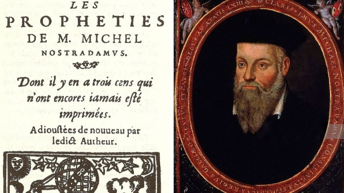 Imagen del libro de Nostradamus y un retrato del ocultista francés.