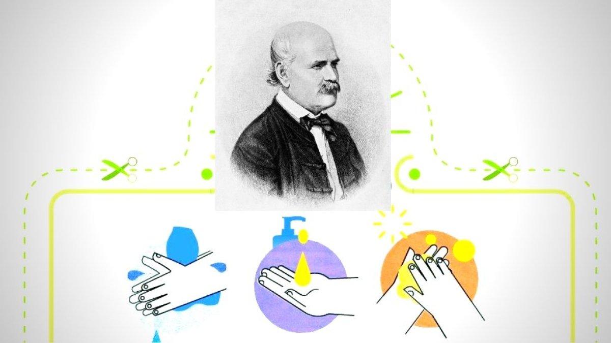 Semmelweis, en un retrato de su época, y parte del doodle que le dedicó Google.