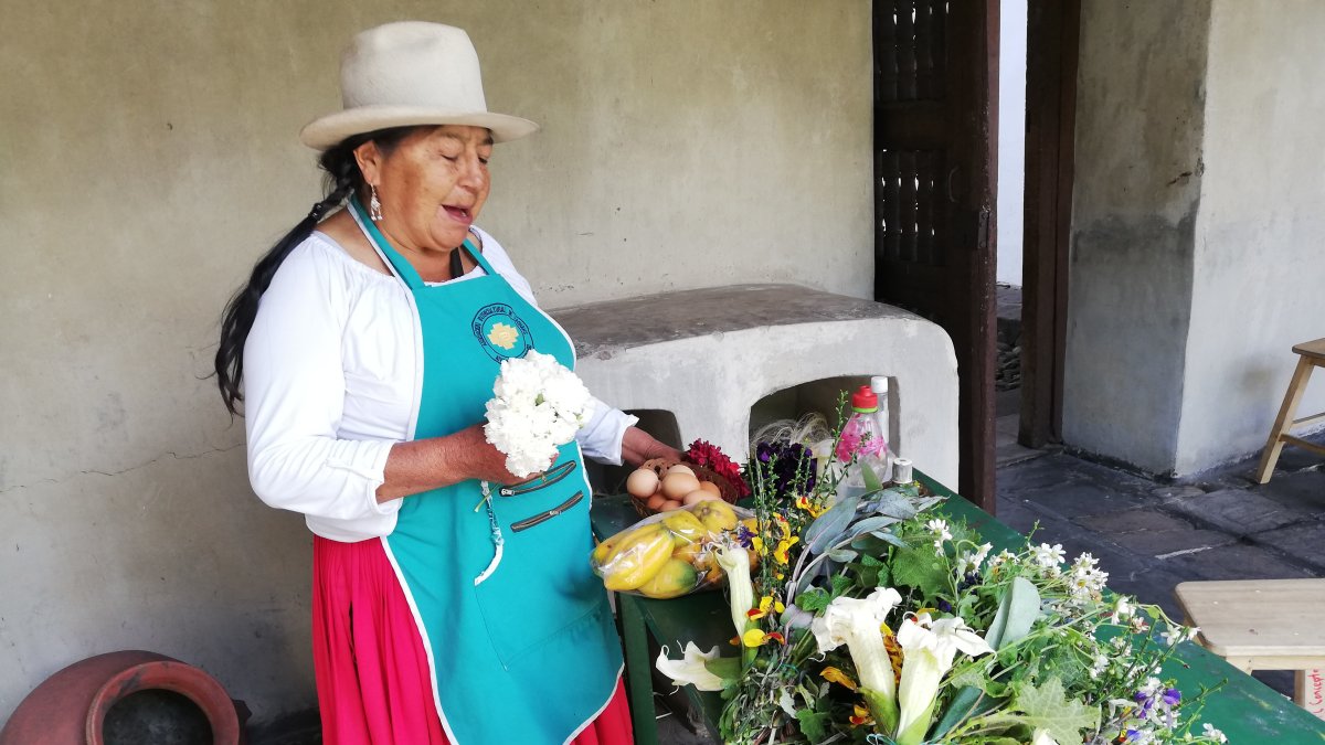Curandera. María Pauta, selecciona los ingredientes que utilizará para preparar uno de jugos que le solicitan los clientes. Lleva 45 años en este oficio.