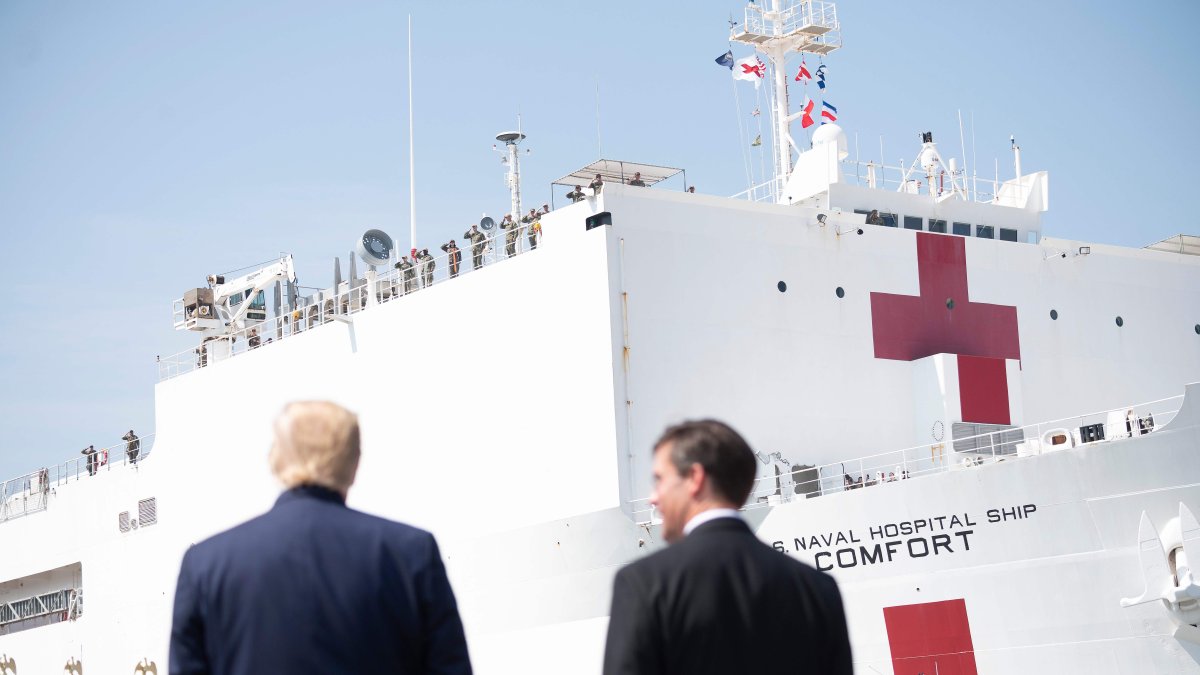 El Secretario de Defensa de los Estados Unidos, Mark Esper (D), y el presidente, Donald Trump, observan cómo el buque hospital USNS Comfort sale de la Base Naval de Norfolk Virginia