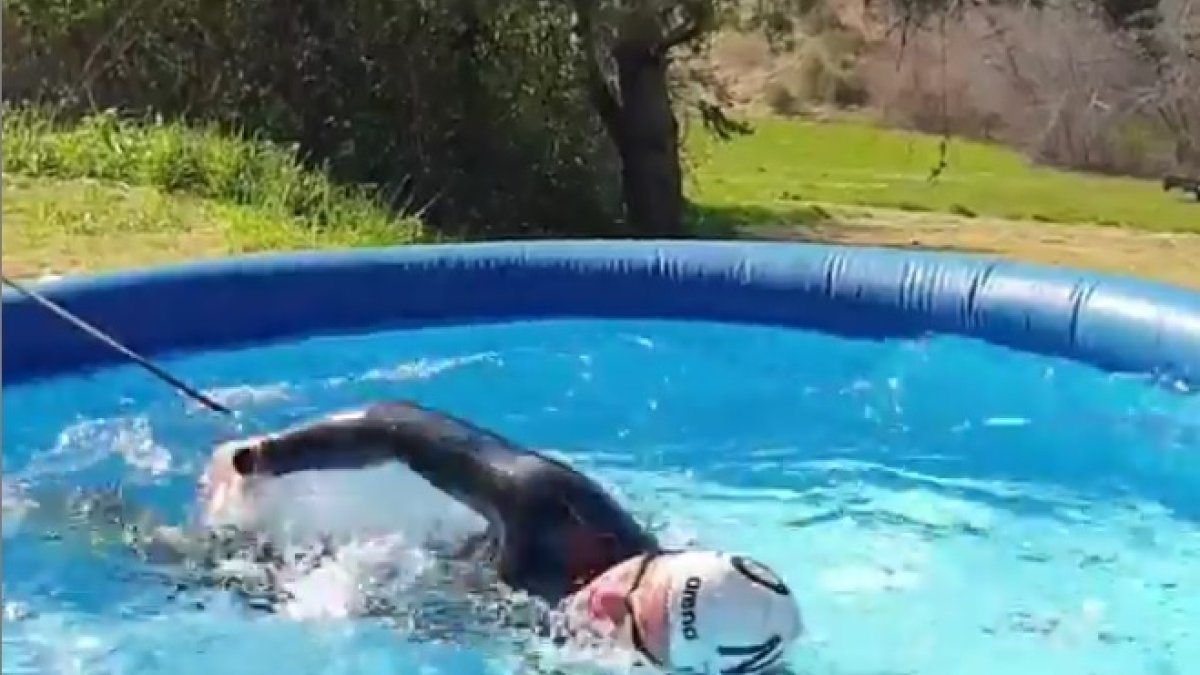La campeona olímpica Sharon van Rouwendaal se entrena en una piscina inflable y con su cintura atada a un árbol.